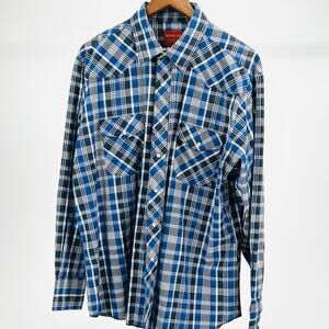 Rustler Blue Black Plaid Cotton Blend Western Pearl Snap Shirt